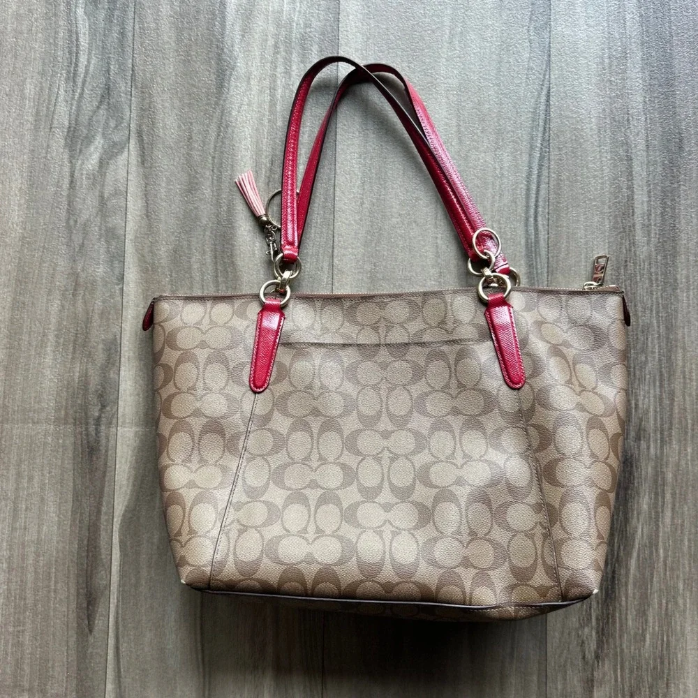 Coach Zip Top Tote Signature Canvas Khaki Red Shoulder Bag F31976